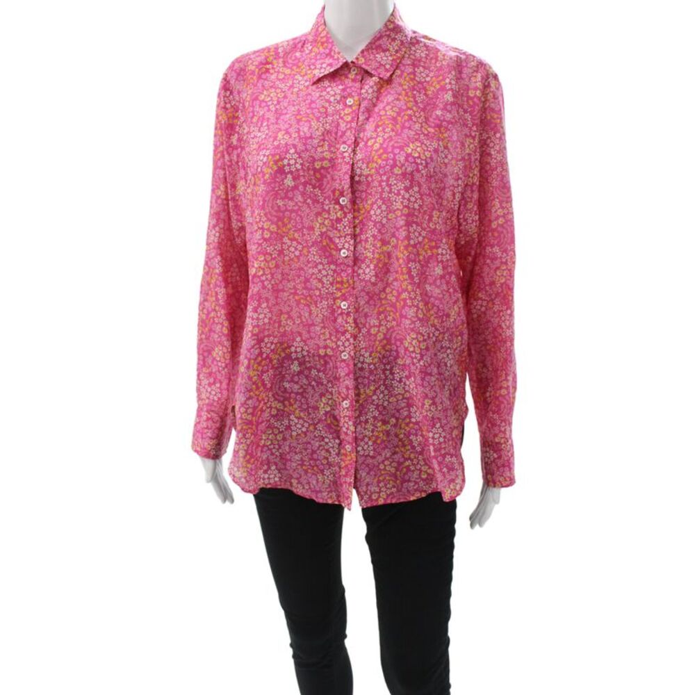 Xirena Womens Pink Cotton Floral Collared Long Sleeve Basic Blouse Size S